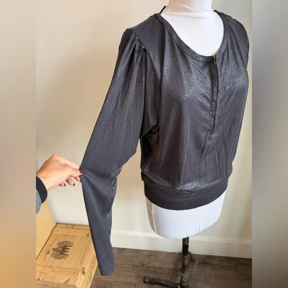 FREE PEOPLE SHIMMER BLACK FLOWY SLEEVE HENLEY LONF SLEEVE BOAT NECK SMALL